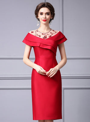 Red Satin Beading Mother Of The Bride Dress