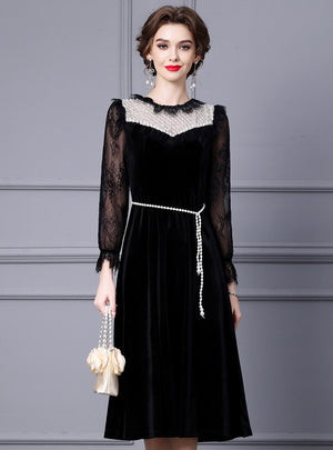 Black Velvet Lace Long Sleeve Mother Of The Bride Dress