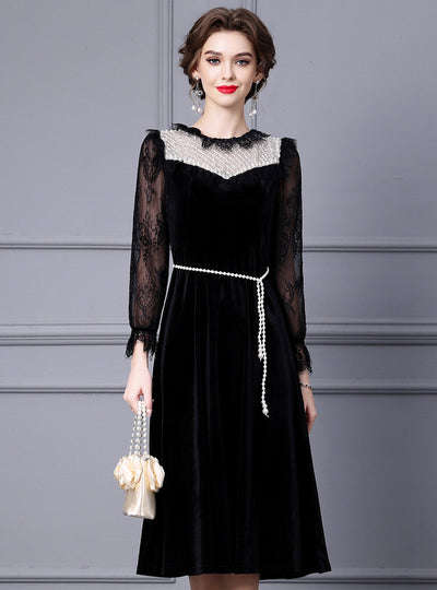 Black Velvet Lace Long Sleeve Mother Of The Bride Dress