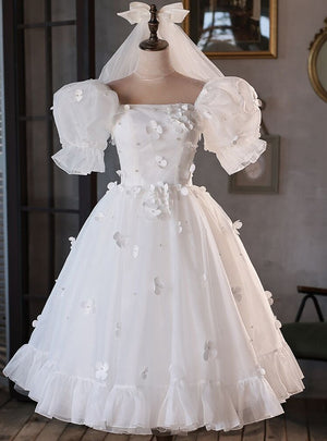 White Tulle Puff Sleeve 3D Flower Wedding Dress