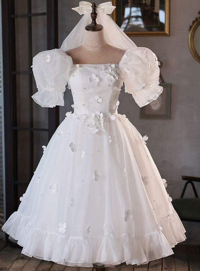 White Tulle Puff Sleeve 3D Flower Wedding Dress