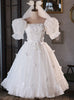 White Tulle Puff Sleeve 3D Flower Wedding Dress