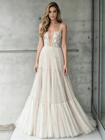 Ivory Tulle Lace Straps Wedding Dress