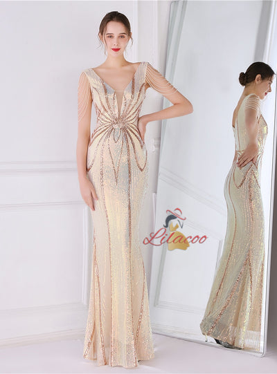 V-neck Mermaid Sequins Beading Prom Dress