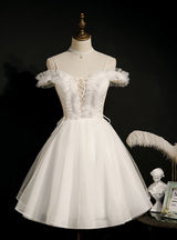 White Tulle Spaghetti Straps Pearls Homecoming Dress