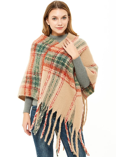 Checked Thick Tassel Pullover Cloak