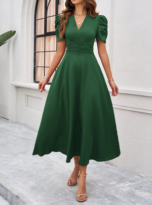 V-neck Solid Color Short Sleeve Dress