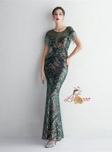 Scoop Neck Sequins Cap Sleeve Beading Prom Dress