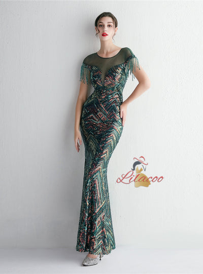 Scoop Neck Sequins Cap Sleeve Beading Prom Dress