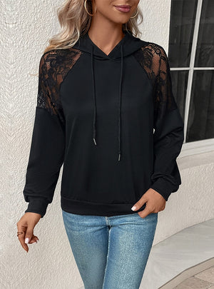 Lace Stitching Top Hooded Drawstring Pullover