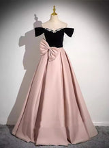 Pink Satin Off the Shoulder Bow Prom Dress