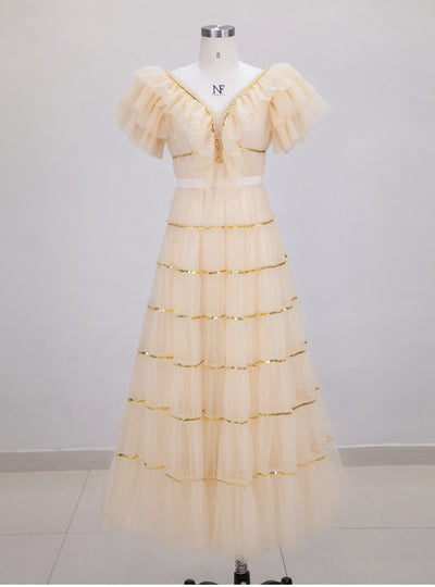 Champagne Tulle V-neck Prom Dress