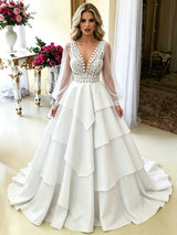 White V-neck Long Sleeve Wedding Dress