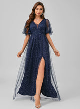 Navy Blue Tulle V-neck Prom Dress
