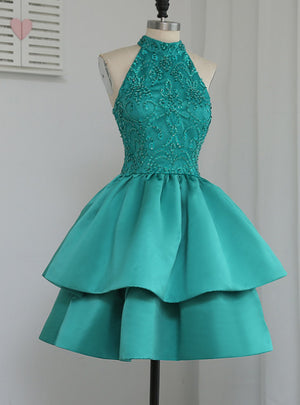Green Satin Lace Beading Homecoming Dress