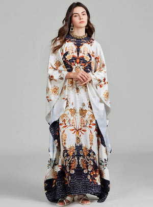 Printed Round Neck Split Nail Drill Loose Dress