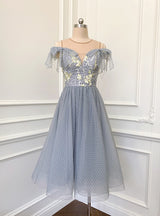 Gray Tulle Lace Pearls Prom Dress