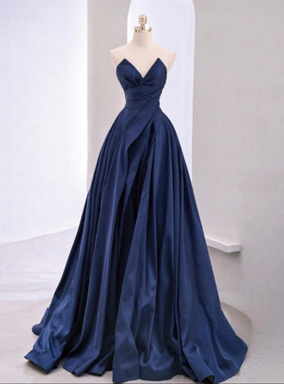Dark Blue Satin Strapless Split Prom Dress