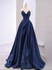 Dark Blue Satin Strapless Split Prom Dress