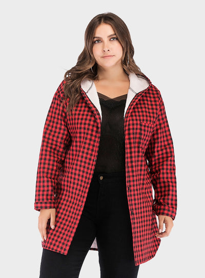 Hooded Long-sleeved Plaid Jacket Coat