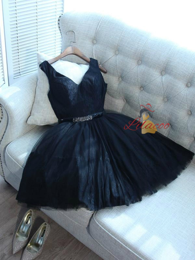Black Lace V-neck Homecoming Dress