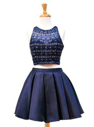 Navy Blue Satin Two Piece Beading Homecoming Dress