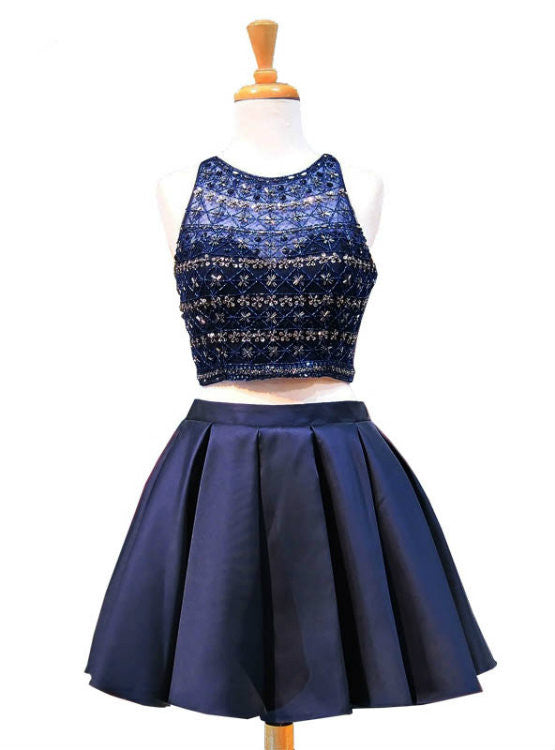 Navy Blue Satin Two Piece Beading Homecoming Dress