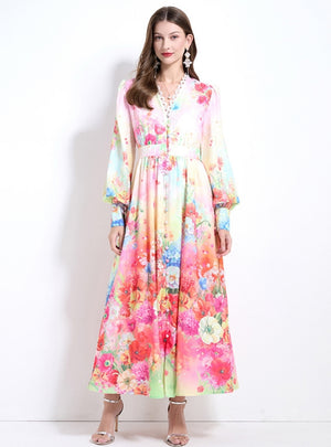 V-neck Lace Lantern Sleeve Printed Chiffon Dress