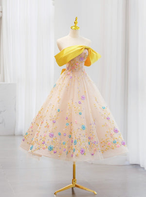 Champagne Tulle Sequins Tea Length Prom Dress