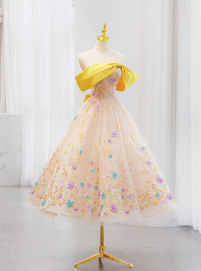 Champagne Tulle Sequins Tea Length Prom Dress