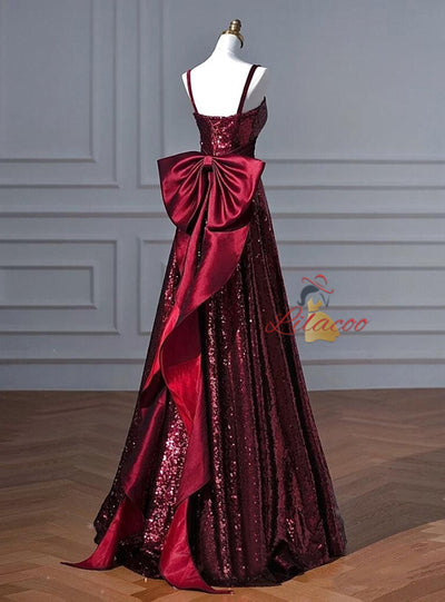 Burgundy Sequins Straps Bow Prom Dress