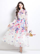 Lantern Sleeve Printed Chiffon Shirt+Skirt Suit