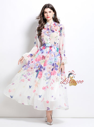 Lantern Sleeve Printed Chiffon Shirt+Skirt Suit