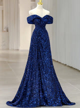 Royal Blue Sequins Off the Shoulder Pleats Prom Dress