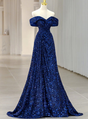 Royal Blue Sequins Off the Shoulder Pleats Prom Dress