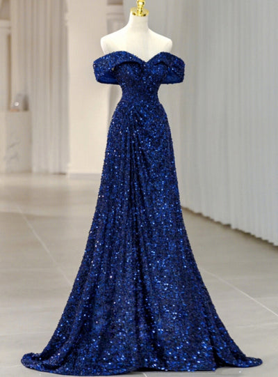 Royal Blue Sequins Off the Shoulder Pleats Prom Dress