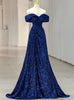 Royal Blue Sequins Off the Shoulder Pleats Prom Dress