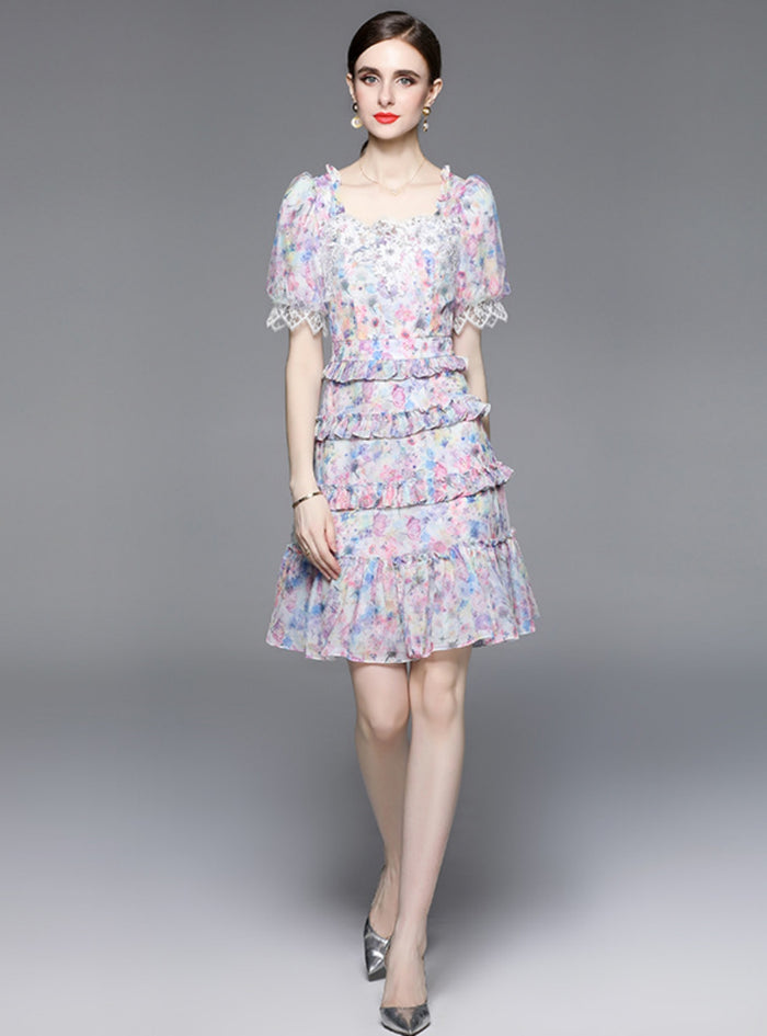 Square Neck Chiffon Floral Cake Dress