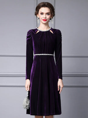 Purple Velvet Long Sleeve Mother of the Bride Dress