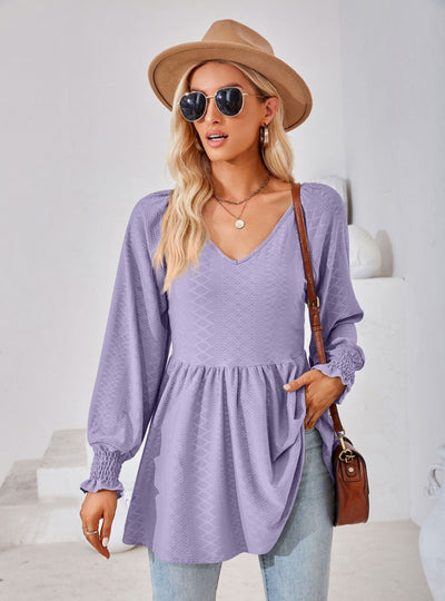 Stitching V-neck Long-sleeved Loose T-shirt