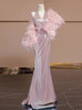 Pink Mermaid V-neck Pleats Flower Prom Dress