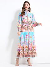 Palace Style Retro Flower Print Long Sleeves Dress