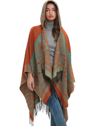 Ethnic Jacquard Hooded Cloak Shawl