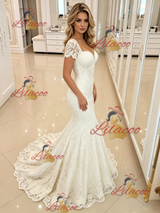 White Mermaid Lace Short Sleeve Wedding Dress