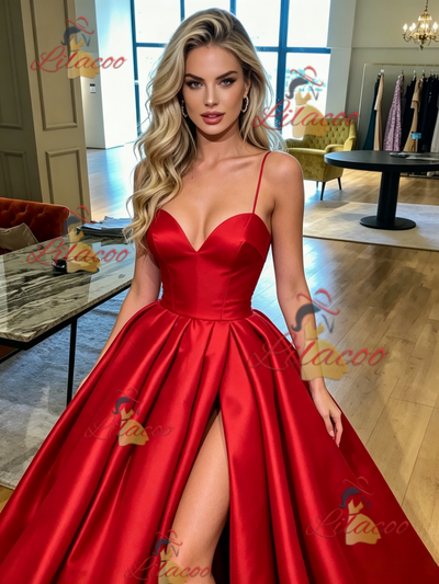 Red Satin Spaghetti Straps Prom Dress
