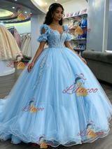 Blue Tulle Appliques Quinceanera Dress
