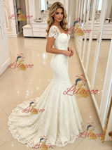 White Mermaid Lace Short Sleeve Wedding Dress