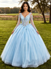 Light Blue Tulle Long Sleeve Appliques Quinceanera Dress