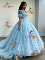 Blue Tulle Appliques Quinceanera Dress