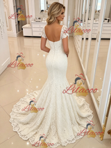 White Mermaid Lace Short Sleeve Wedding Dress